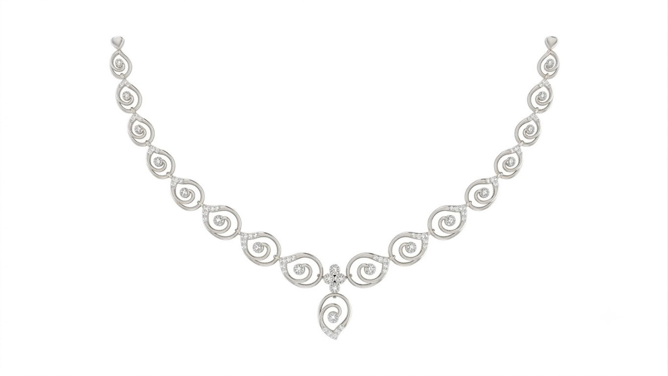 A white gold and diamond necklace set, displayed on a solid white background.