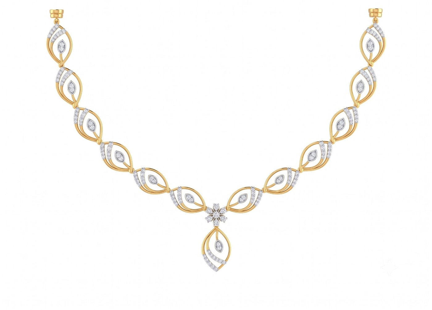 Yellow gold and diamond necklace, featuring a central floral starburst, shown on a plain white background.