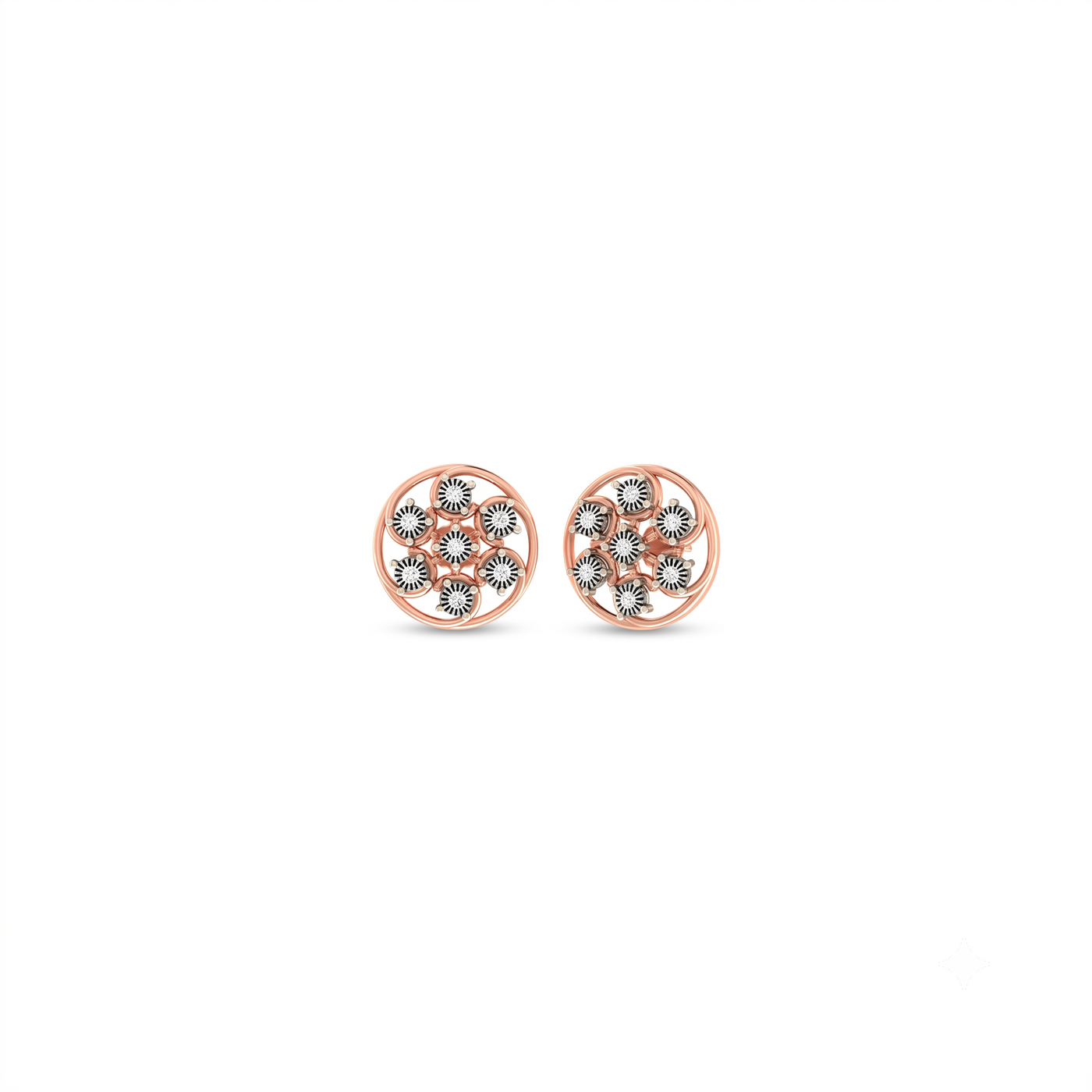 A pair of rose gold stud earrings with circular openwork designs filled with small diamond.