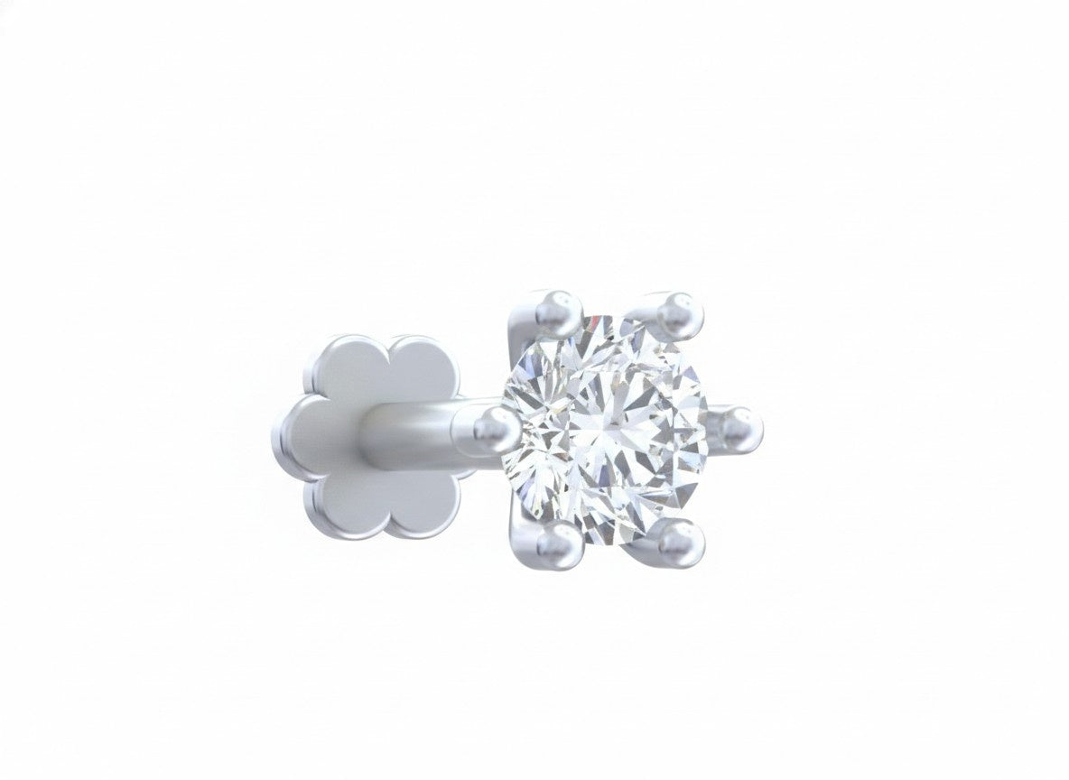 white gold and diamond stud nose pin with a diamond on a white background