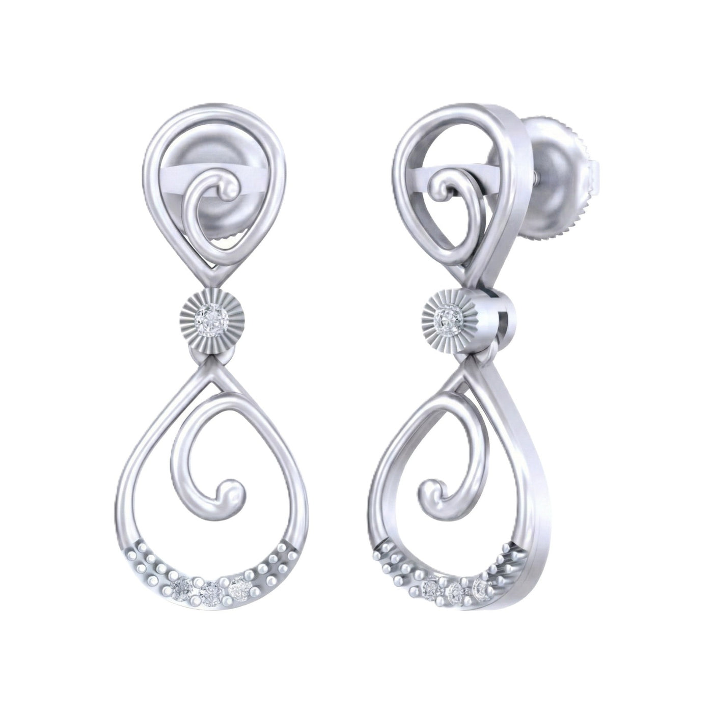 White gold and diamond drop earrings on a white background