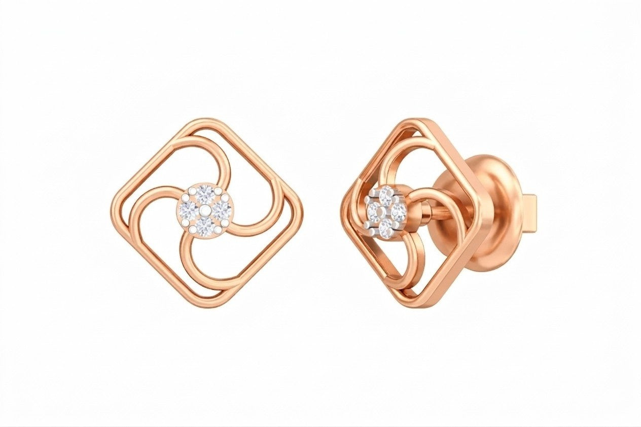 Rose gold and diamond stud earrings  on a white background