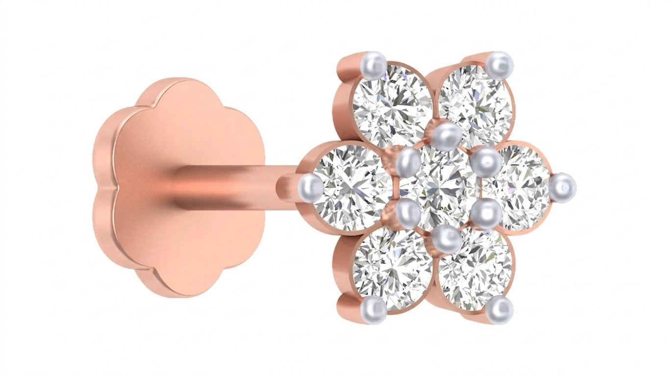 rose gold and diamond stud nose pin with diamond-like stones on a white background