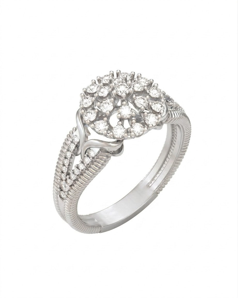 White gold ring with diamond accents on a white background