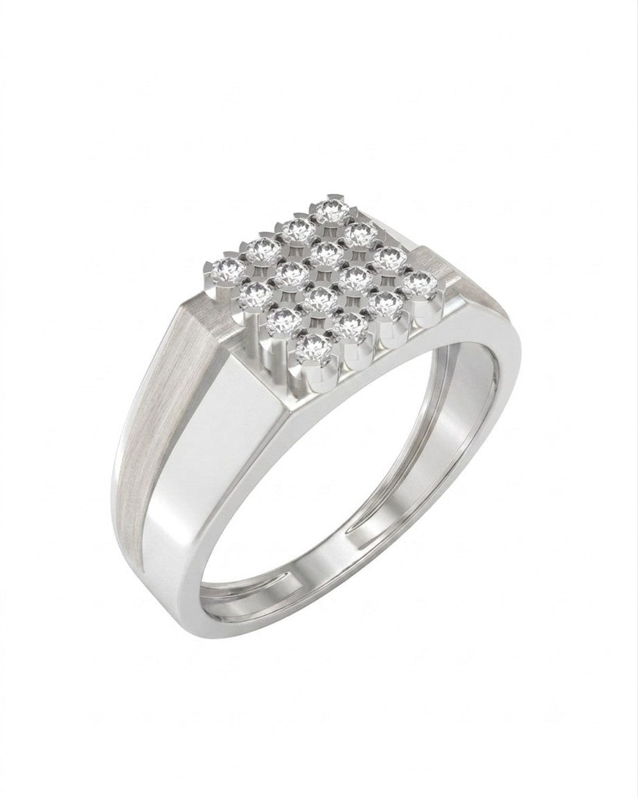 A white gold and diamond ring featuring a square cluster, shown against a plain white background.