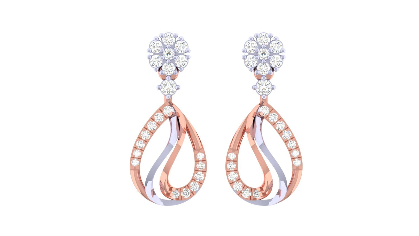 Rose gold and diamond teardrop-shaped earrings on a white background