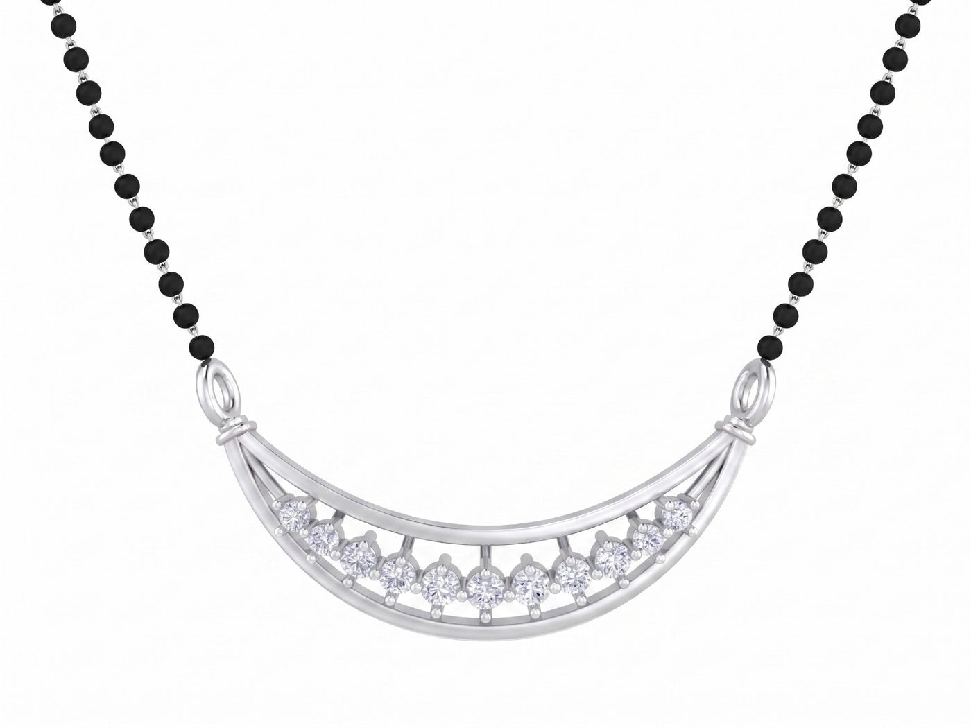 White gold mangalsutra with black beads on a white background