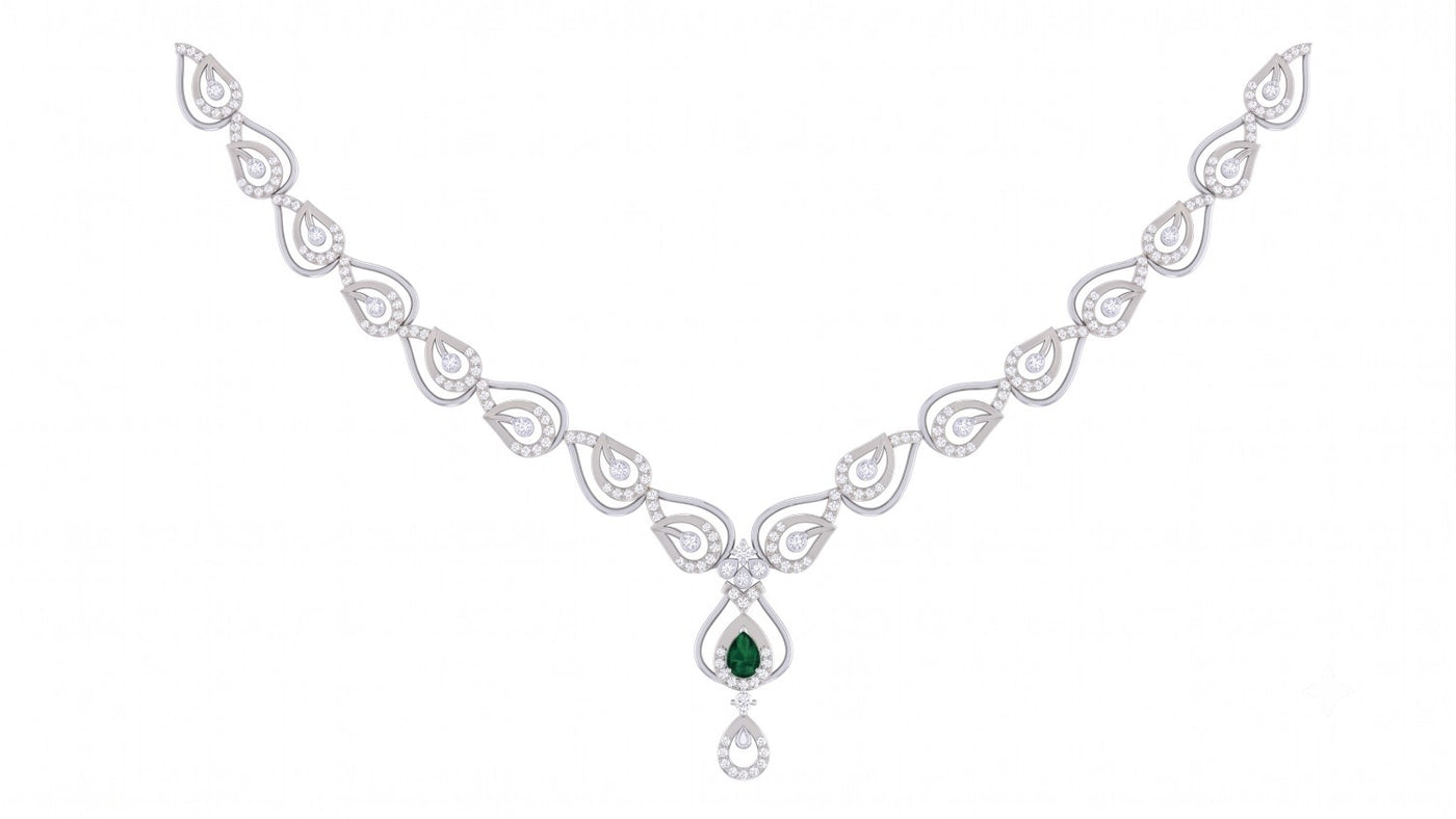 A white gold and diamond teardrop motifs with a central green emerald, set against a plain white background.