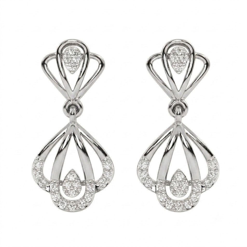 White gold and diamond drop earrings on a white background