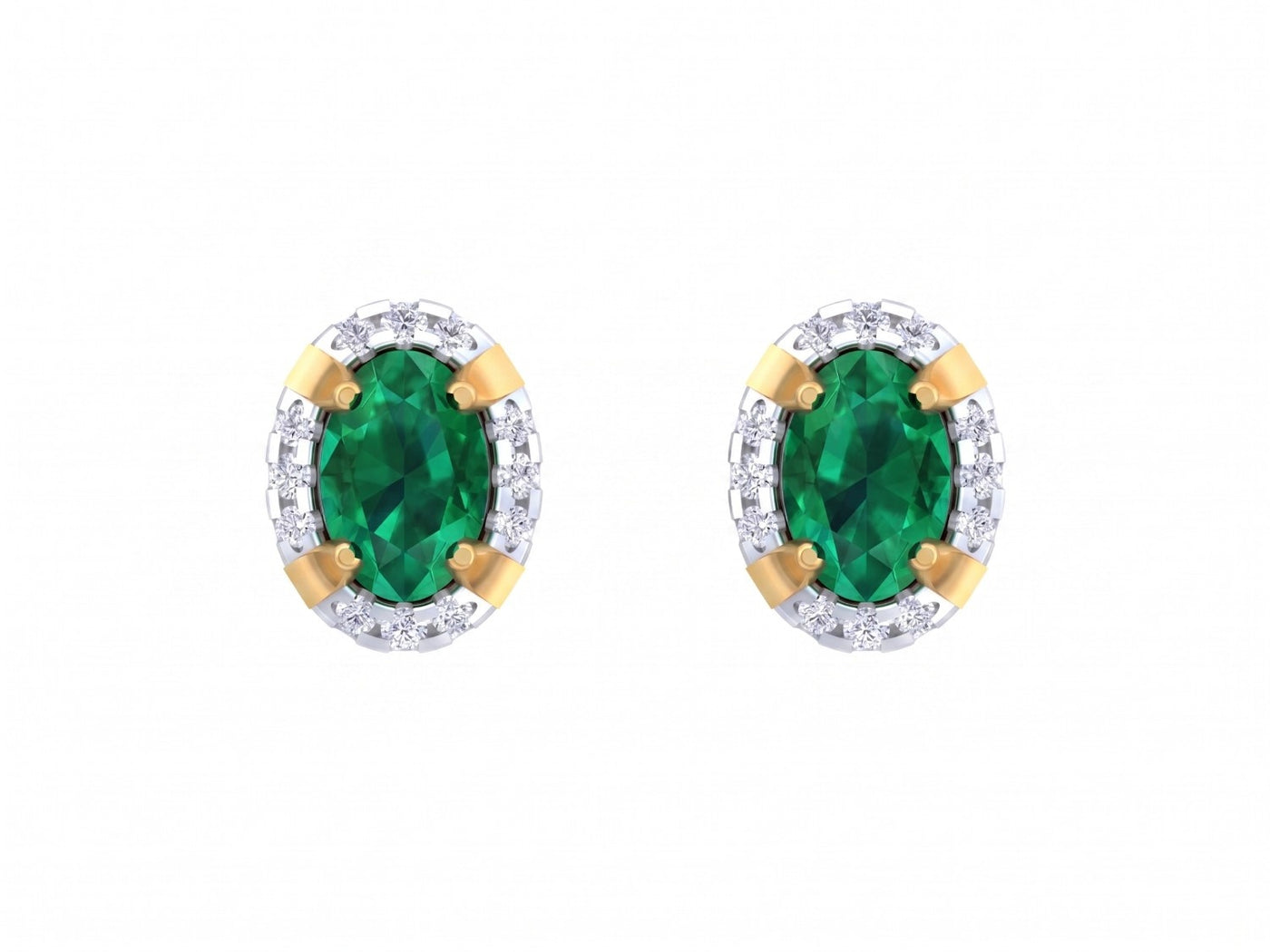 Yelllow gold and diamond stud  earrings with emerald gemstones on a white background