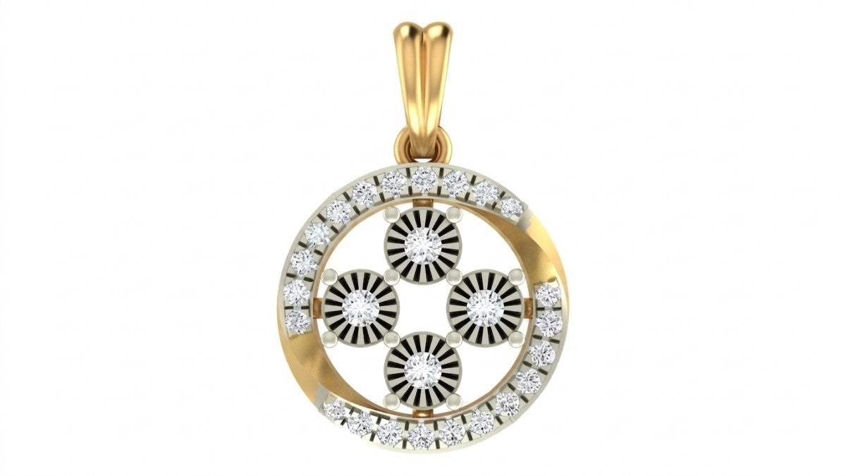 Yellow gold and diamond circular design pendant on white background