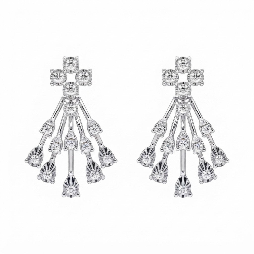 White gold and diamond chandelier earring on a white background.