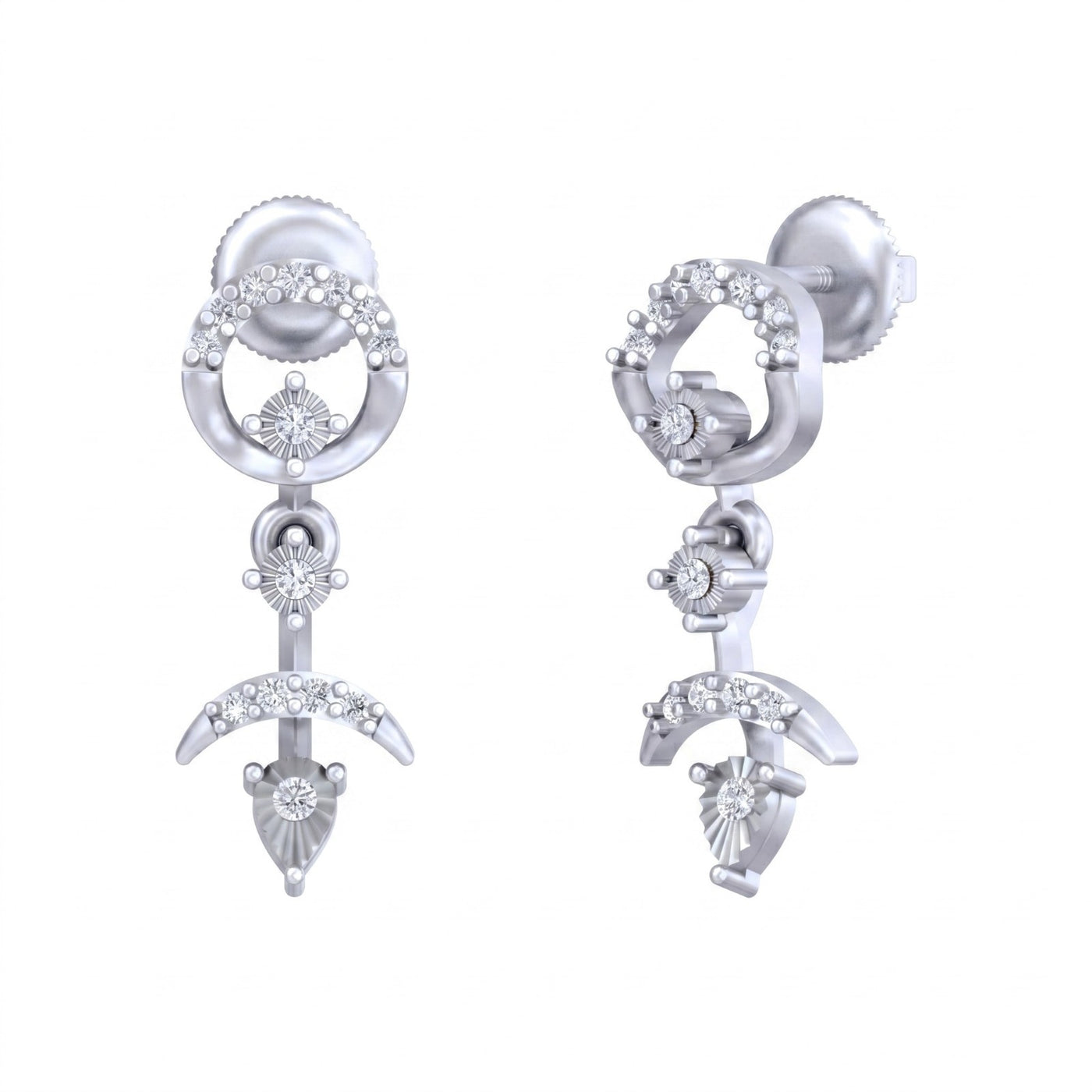 White gold and diamond drop stud earrings on a white background