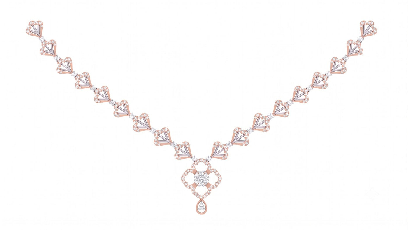 A rose gold necklace with a geometric diamond pattern and a central floral motif, displayed on a solid white background.
