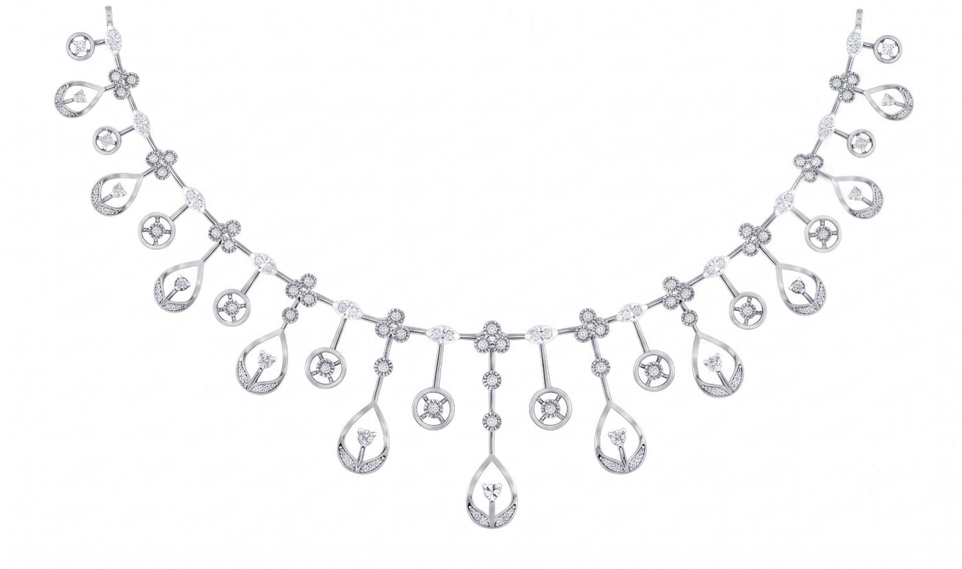 A white gold and diamond necklace with a symmetrical design of teardrop-shaped drops and floral motifs, displayed on a solid white background.