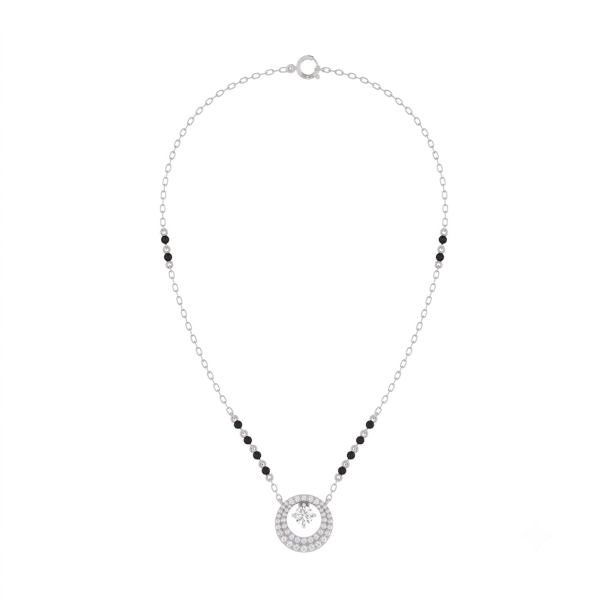 White gold and diamond mangalsutra with black and clear beads on a white background