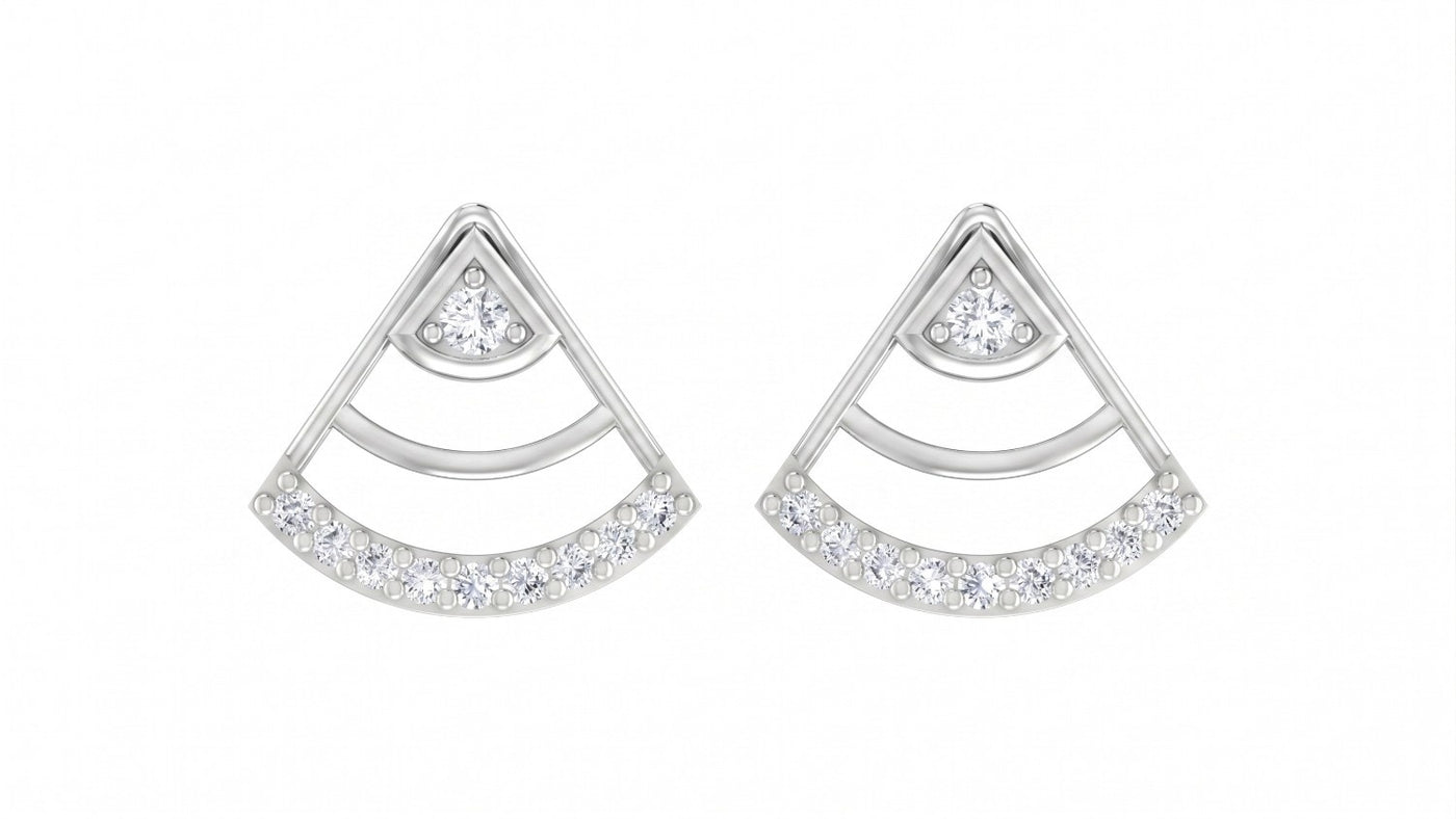 White gold and diamond geometric stud earrings on a white background.