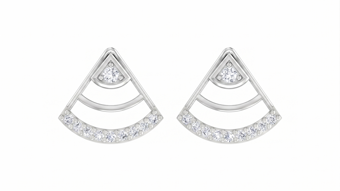 White gold and diamond geometric stud earrings on a white background