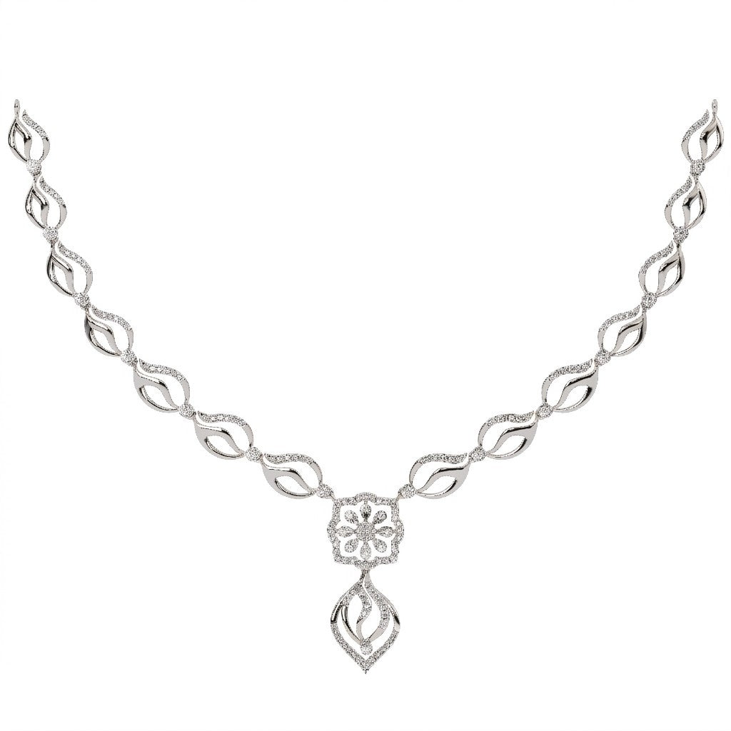 A white gold and diamond necklace featuring a central floral, displayed on a solid white background.