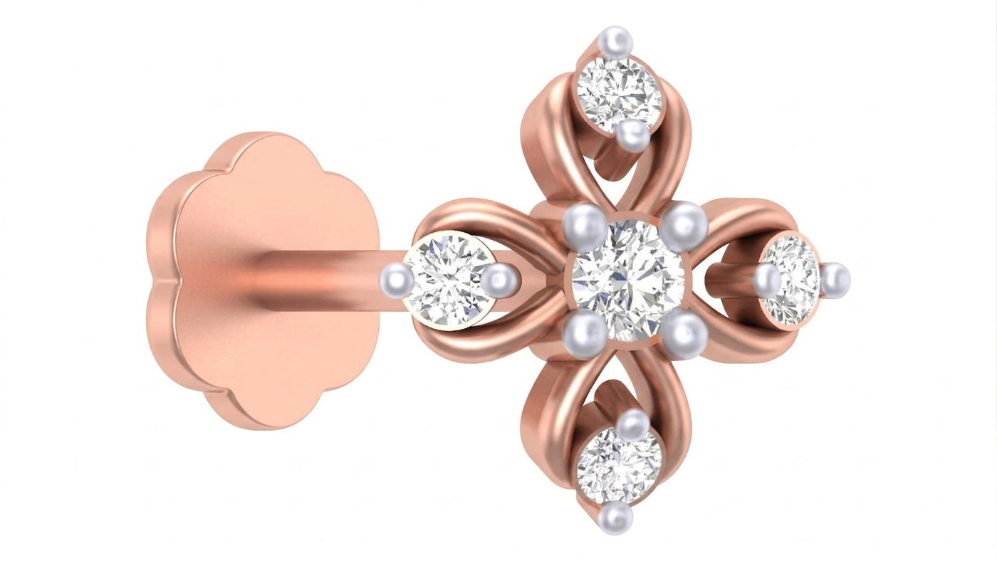 Rose gold cross-shaped nose pin with five sparkling diamonds and delicate pearl bead accents.