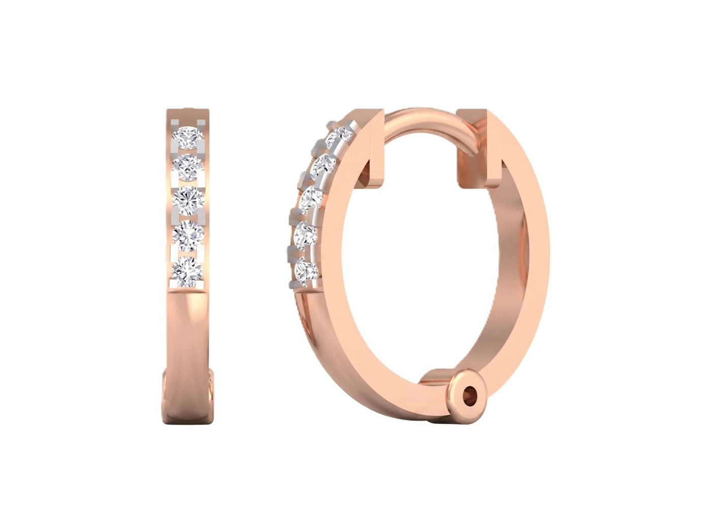 Rose gold and diamond hoop earring on a white background.
