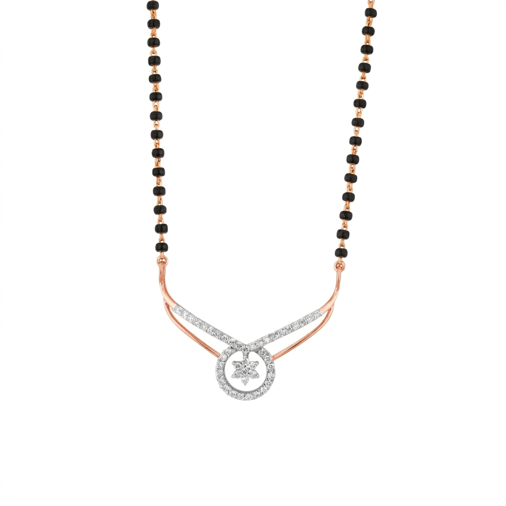 Rose Gold and Diamond Mangalsutra with black beads on a white background