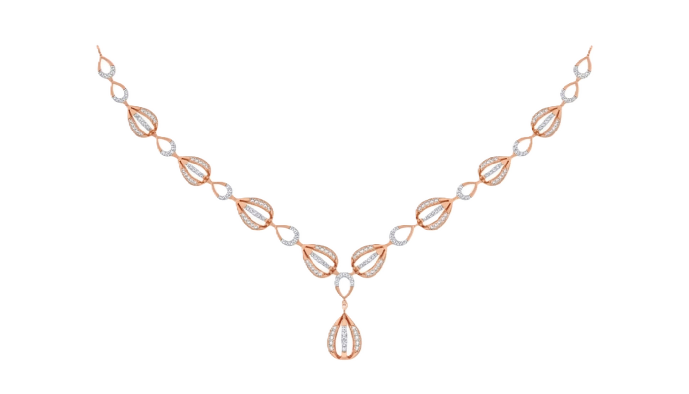 Rose gold and diamond necklace on a white background