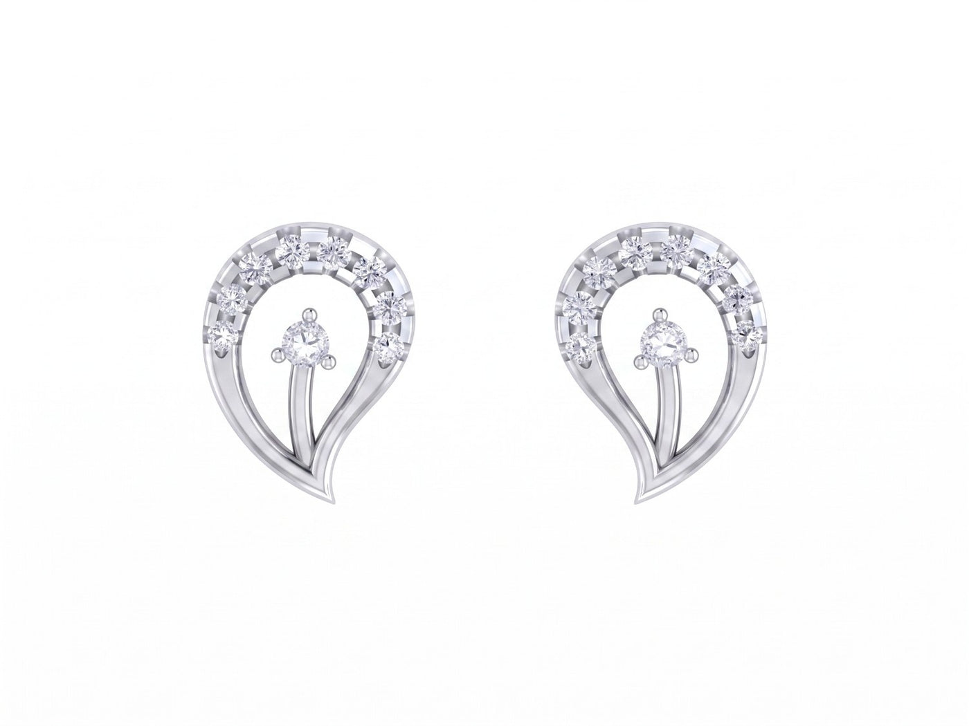 White gold and diamond stud earring with leaf-design on a white background.