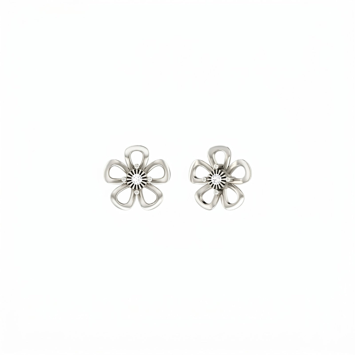 White gold and diamond floral stud earring on a white backgound.