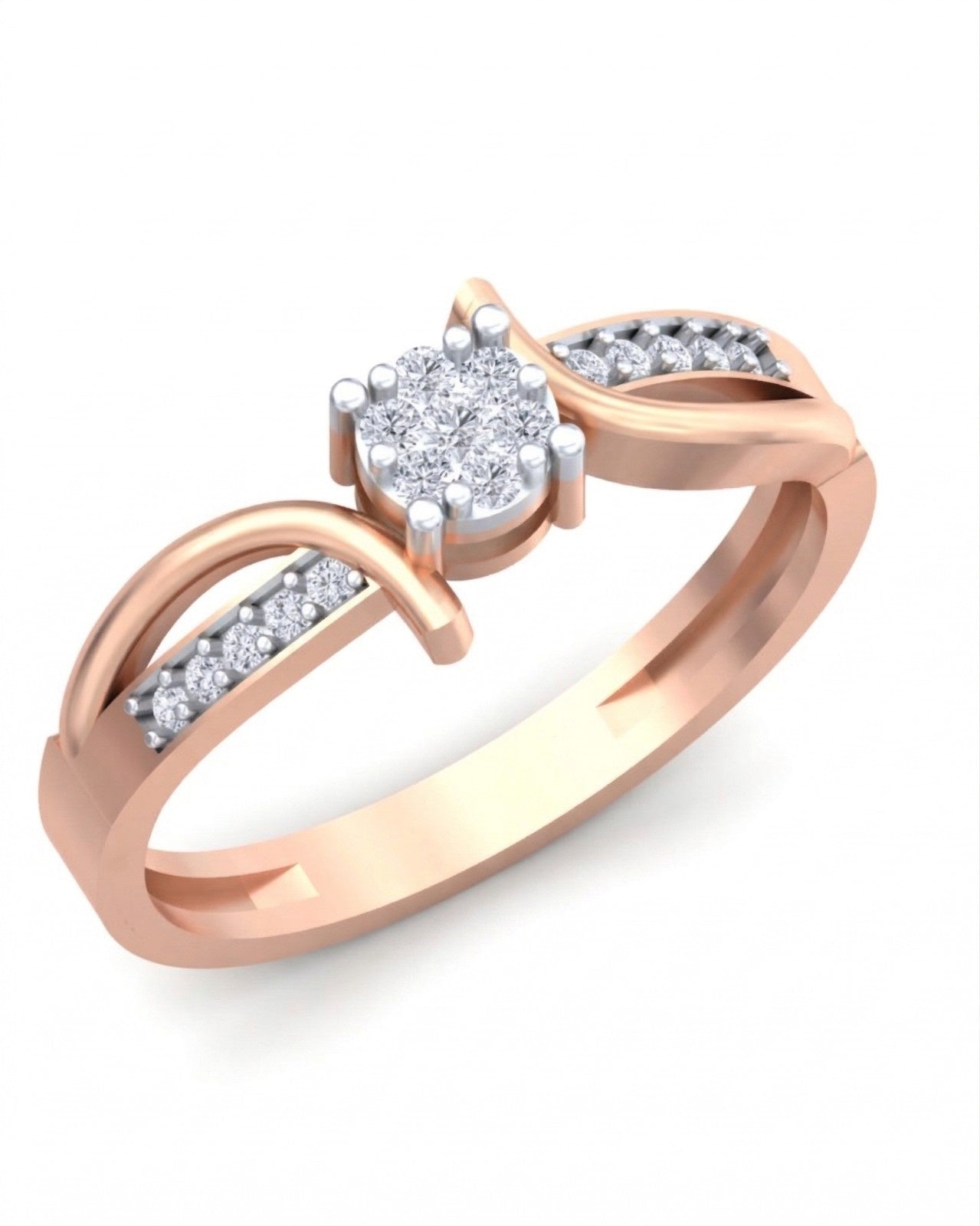 Rose gold ring with diamond accents on a white background