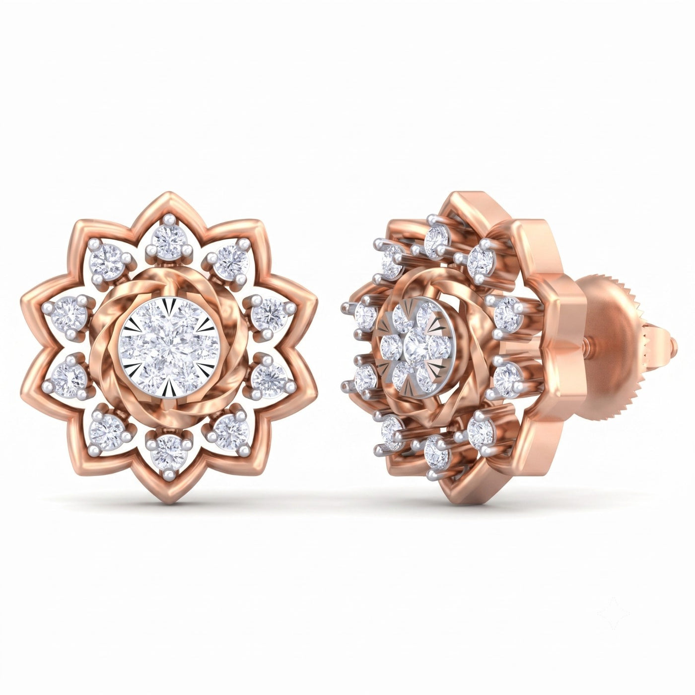 A pair of rose gold and diamond floral stud earrings on a pure white background.