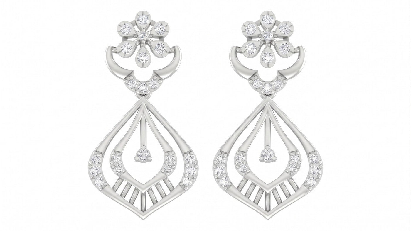 A pair of elegant white gold drop earrings on a pure white background