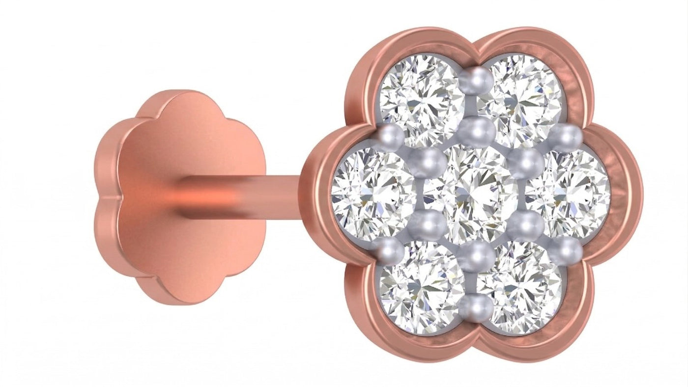 rose gold and diamond stud nose pin with diamond accents on a white background