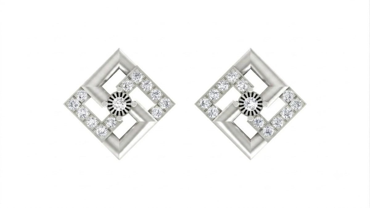 Pair of white gold square earrings with diamond accents on a white background