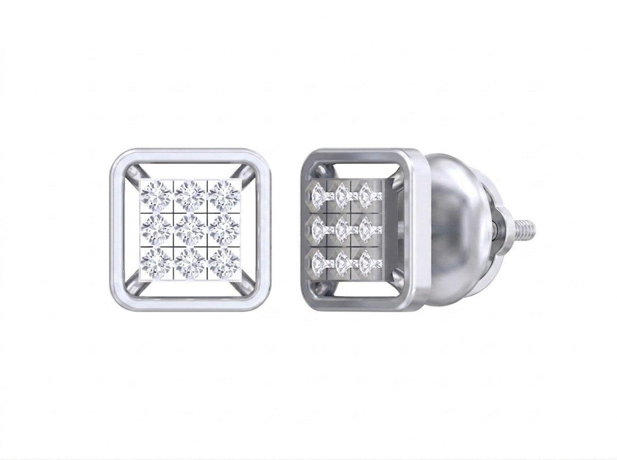 White gold square-shaped stud earrings on a white background.