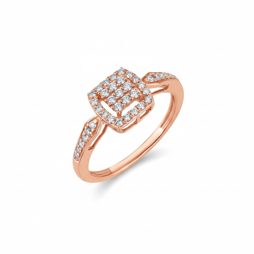 Rose gold ring with diamond accents on a white background
