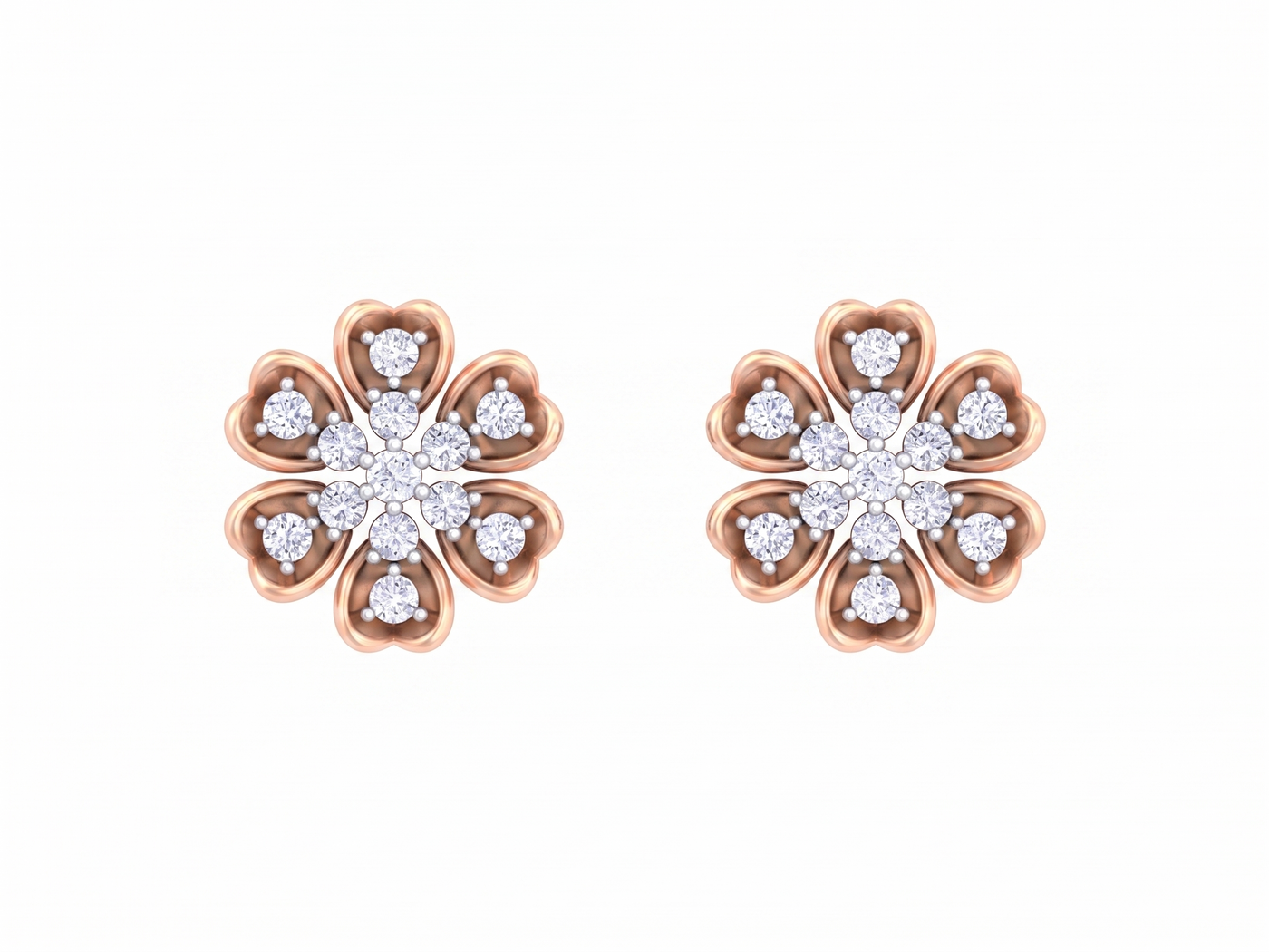 Rose gold and diamond stud earring with floral-design on a white background