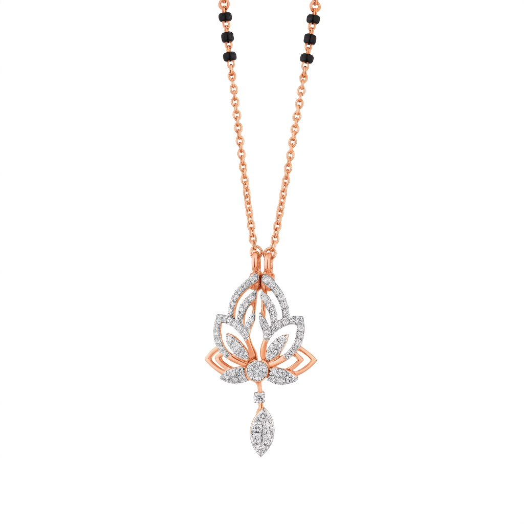 Rose gold mangalsutra with diamond on a white background