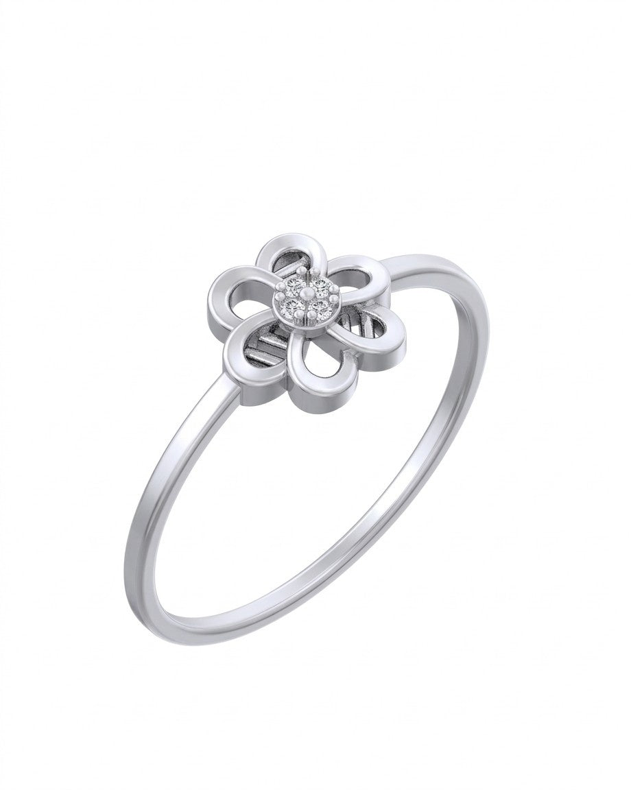 A delicate white gold ring featuring an openwork floral centerpiece with four small central diamond