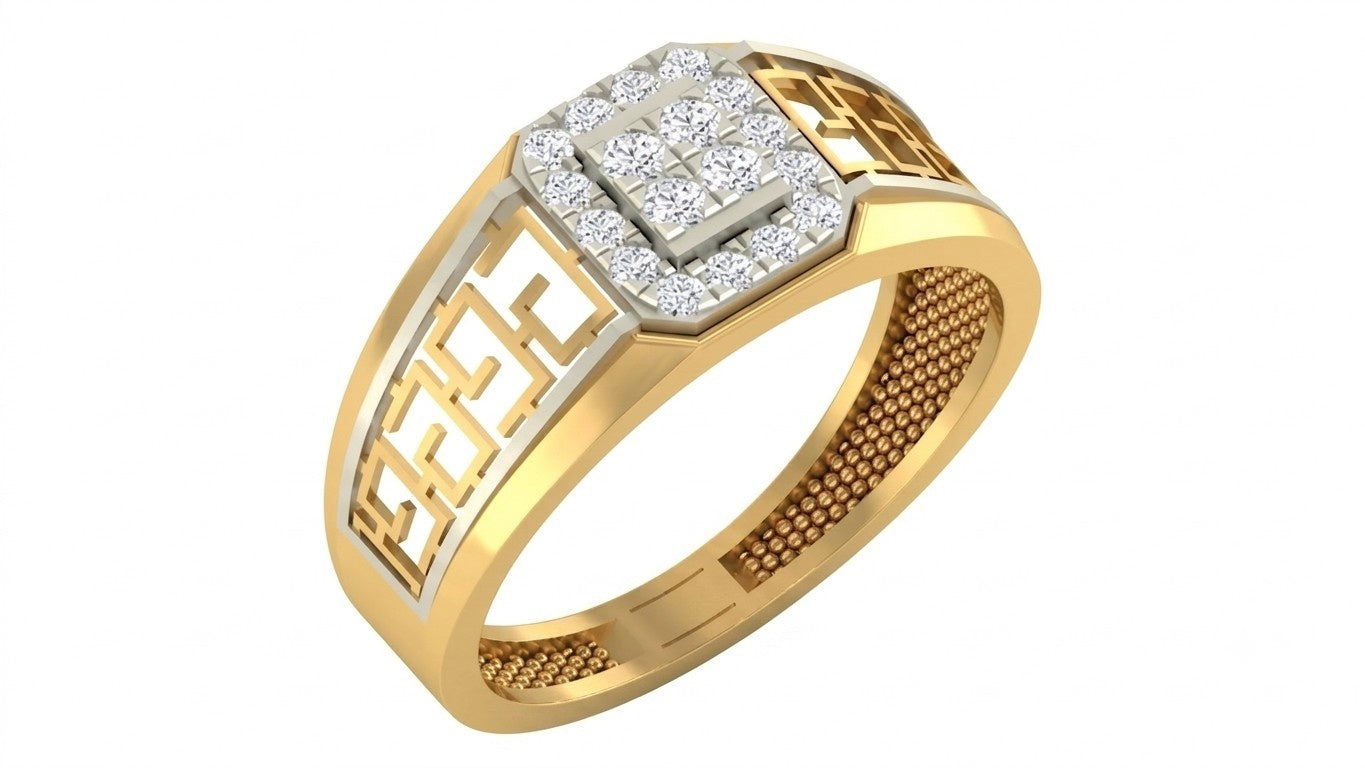 A men's  yellow gold ring with a square diamond cluster setting, featuring a central diamond on a white background.