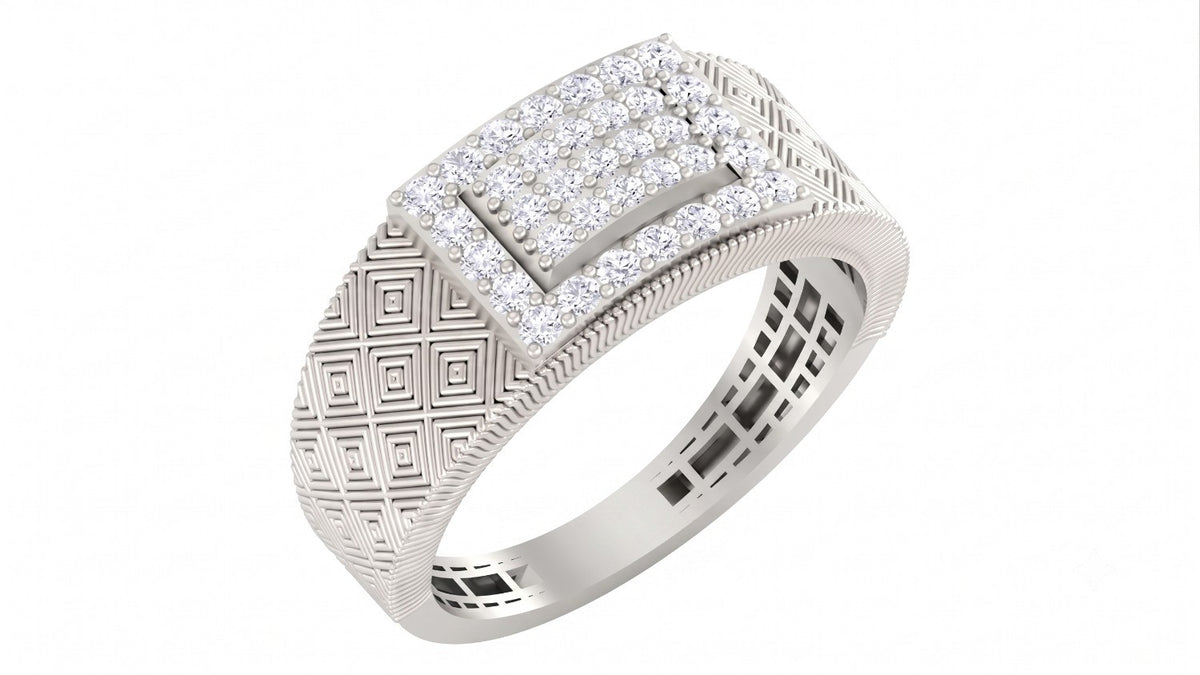 A men's white gold ring with a textured geometric band and a rectangular pavé diamond setting, shown on a plain white background.