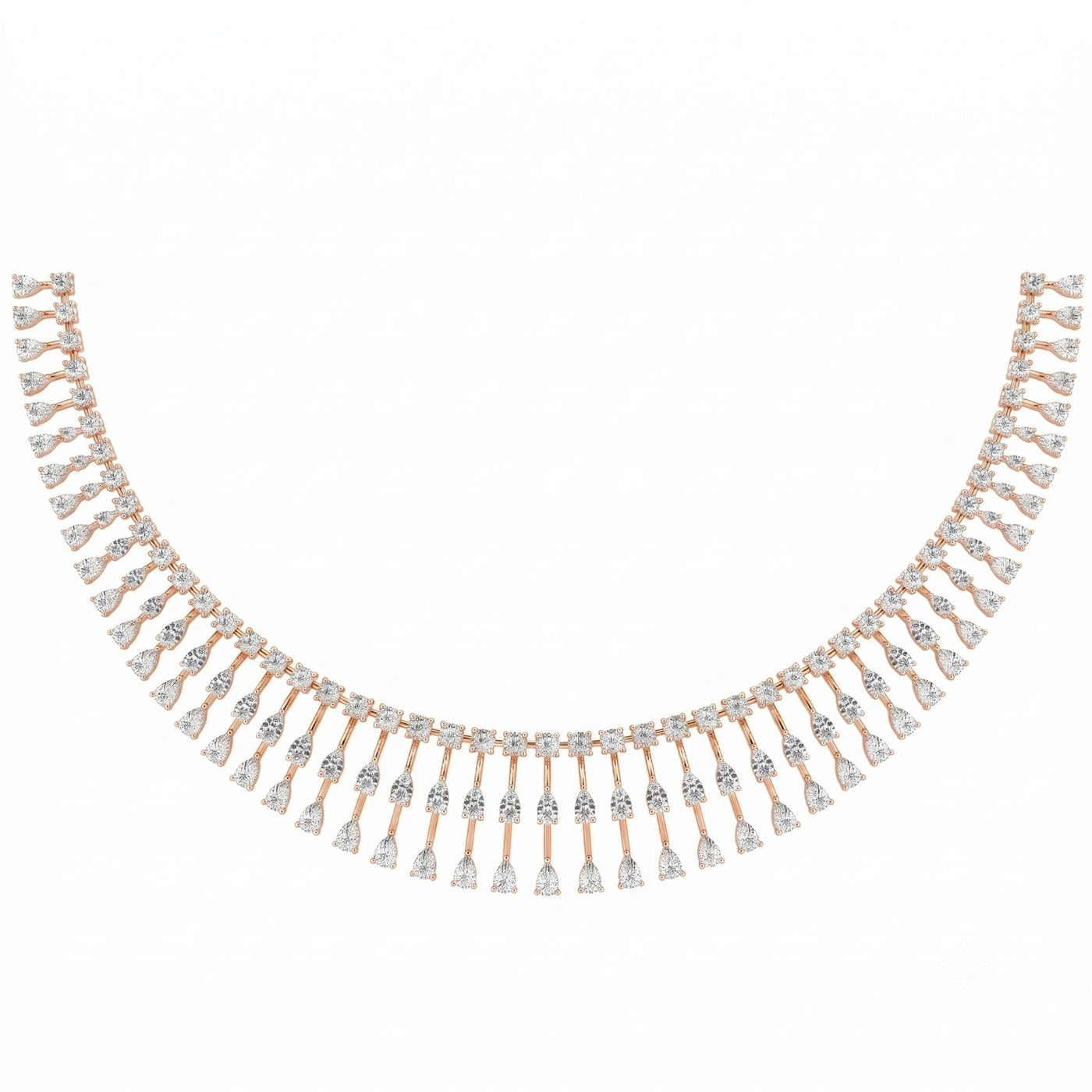 A rose gold and diamond necklace featuring multiple rows of teardrop-shaped diamonds, displayed against a solid white background.