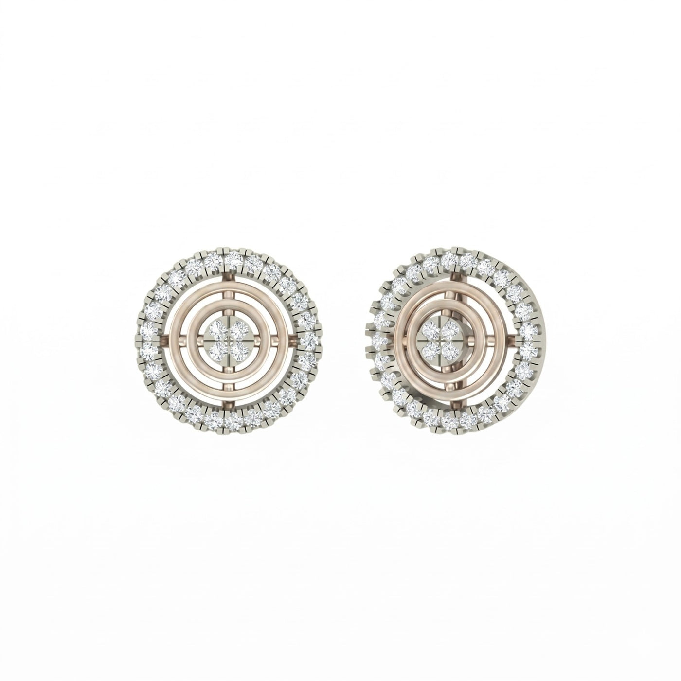 White gold and diamond stud earring with round-shaped on a white background.