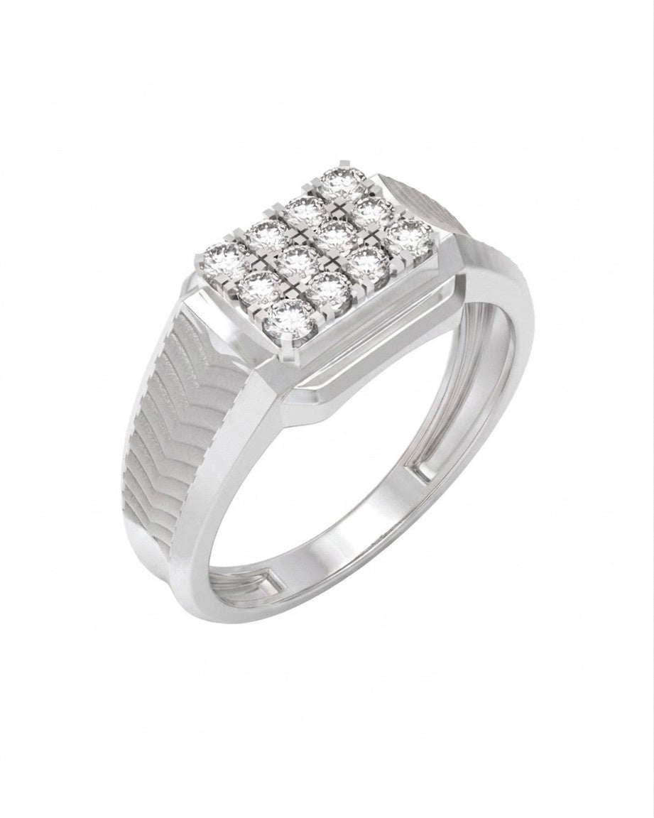 A white gold ring with a rectangular pavé diamond setting on a white background.