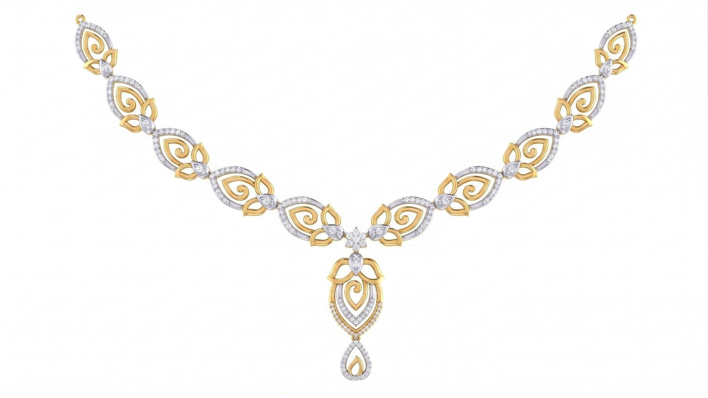 A yellow gold and diamond necklace with floral design, displayed on a solid white background.