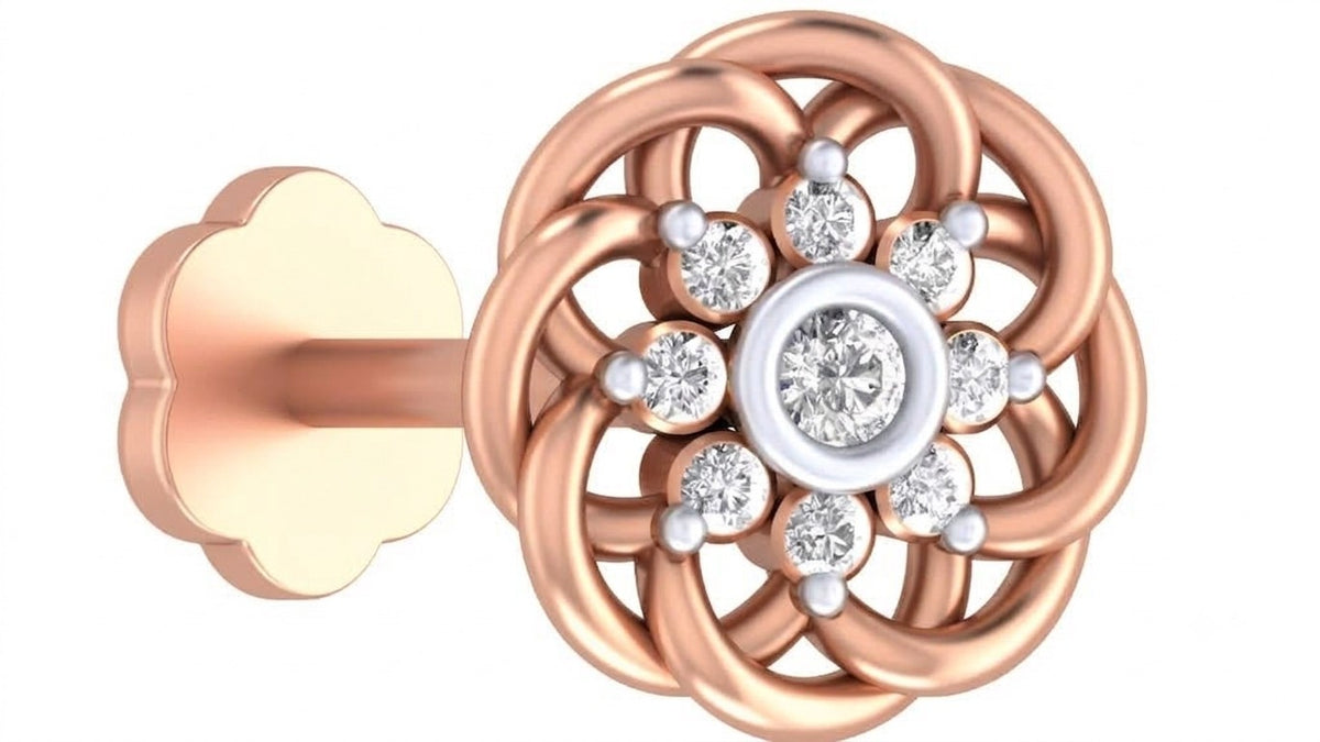 Elegant floral rose gold and diamond nose pin featuring sparkling diamonds in an intricate circular design.