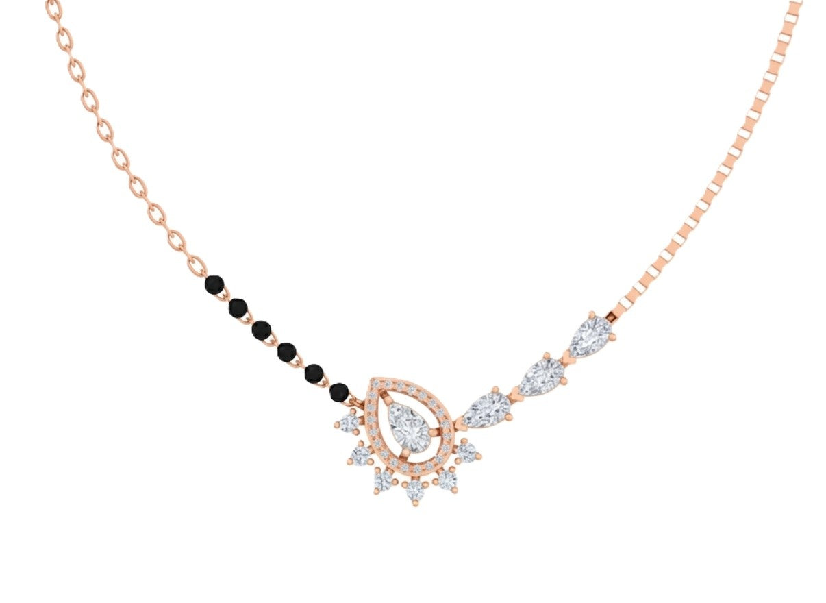 Rose gold and diamond mangalsutra with a teardrop-shaped on a white background