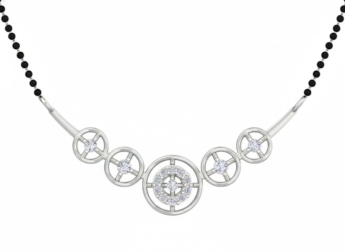 White gold & diamond halo mangalsutra on white background