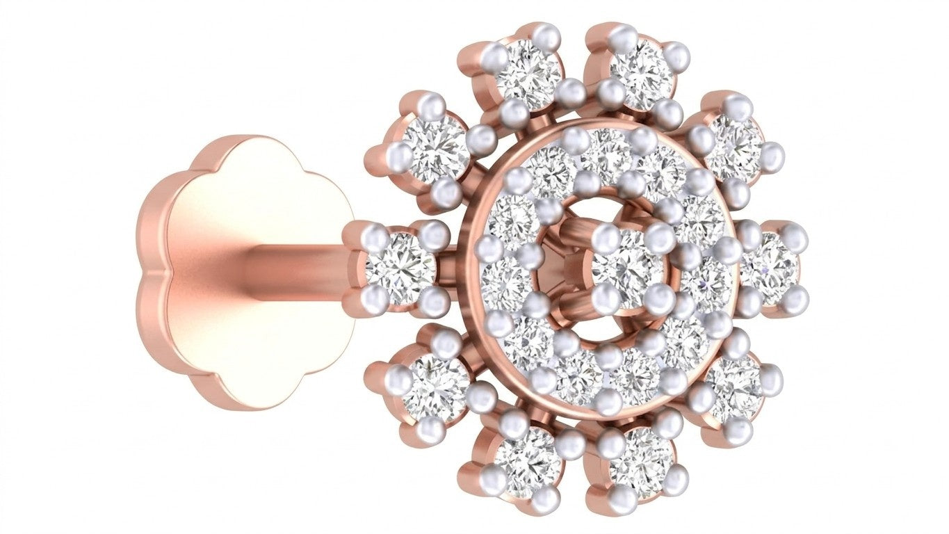 Rose gold and diamond stud nose pin with clear gemstones on a beige background