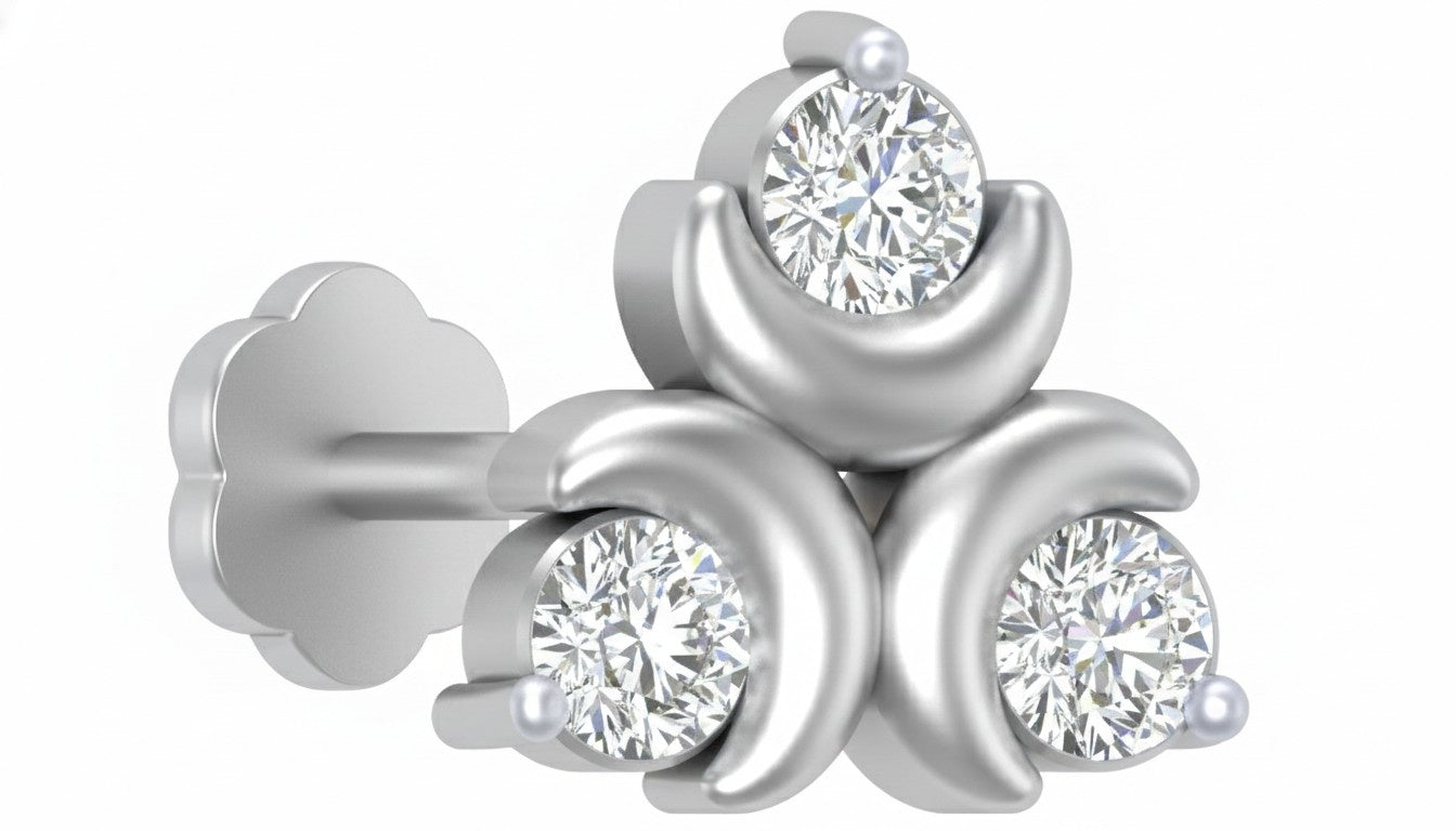 white gold and diamond stud nose pin with three diamonds on a white background